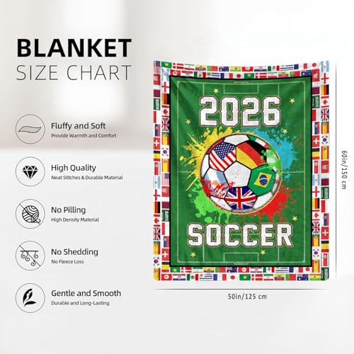 World Soccer 2026 Throw Blanket, Soccer Season Game Day Blanket for Boys, Soft Flannel Football Fan Blanket for Couch Bed, 2026 World Cup Decor Gift for Men Women Kids 60" x 50"