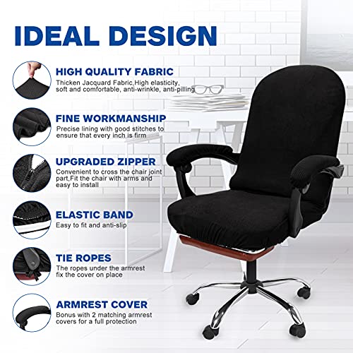 NeColorLife Stretchable Office Chair Cover with Armrest Covers - Zippered High Back Seat Cover for Extra Large Executive Desk Chairs,Big Tall Man (X-Large Size, Black)