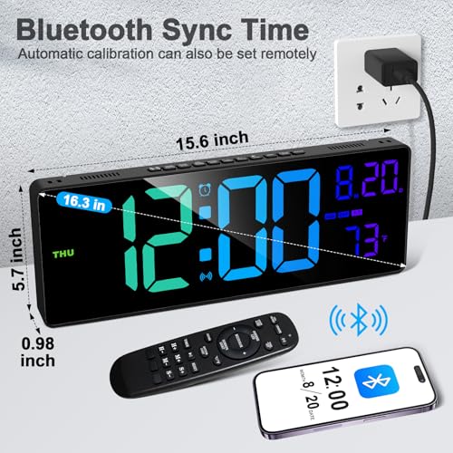 XREXS 16.3" Bluetooth Large Digital Wall Clock with Remote Control, Auto Time Sync, 6 Color Night Lights Adjustable Dimmer 10 RGB Color Changing Large Display for Home, Gym, Office and Classroom