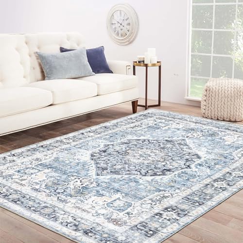 Area Rug 6×9, Large Vintage Boho Rug,Ultra-Soft Low Pile, Washable, Non Slip,Stain Resistant, Printed Carpet for Living Room Bedrooms Playroom Office Kitchen, Light Blue