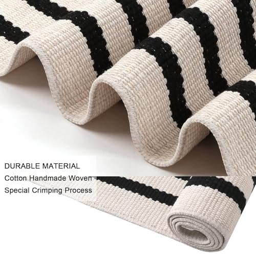 LEEVAN Black and White Striped Outdoor Rug Runner 2x4.3 Layering Doormat Farmhouse Front Porch Rug Cotton Woven Washable Throw Carpet for Hallway/Front Steps/Bathroom/Kitchen/Home Entrance