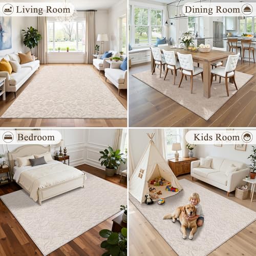 Vaukki 5x7 Area Rug for Living Room, Soft Fluffy Washable Modern Floral Indoor Floor Mat, Non Slip Shaggy Boho Accent Throw Carpet for Bedroom, Living Room, Nursery and Dining Room, Beige