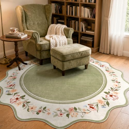 Lahome Round Dining Room Rug 6ft, Green Floral Area Rug