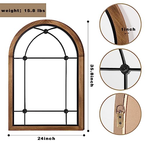 blue page 36x24 Inch Arched Wall Mirror with Rustic Wood Frame, Farmhouse Window Pane Mirror for Entryway, Bathroom Vanity and Living Room Decor, Dot Brown