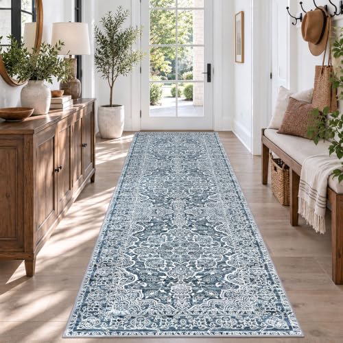 Vintage Washable Rug Runners 3x10 Blue White  Long Hall Rug 10ft