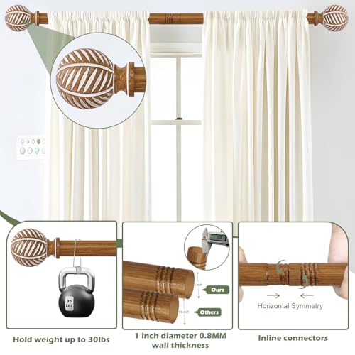 Wood Boho Curtain Rods for Windows:Wooden Farmhouse Decorative Curtain Rod for Bedroom Living Room,Heavy Duty Adjustable Rustic Bamboo Drapery Rods with Imitation Wood Grain Finials,Brown 36-88"