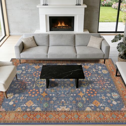 4x6 Area Rug for Bedroom WashableCarpet (Indigo Terracotta)