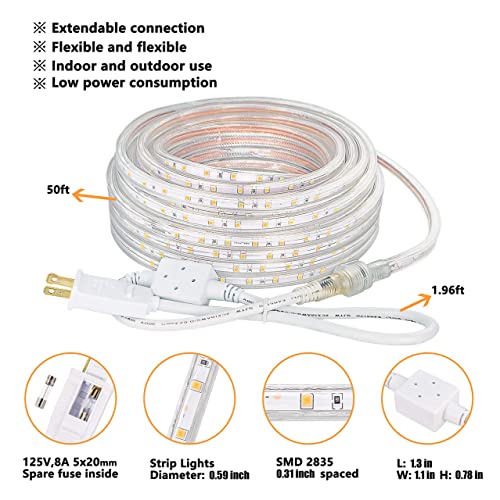 SURNIE LED Rope Lights Outdoor Waterproof Warm White, 50ft Outside Bright Lighting Cuttable Connectable Flexible 110V Cool Clear Flat 3000K, Indoor Deck Patio Christmas Camping Decor, Not Tube Rope
