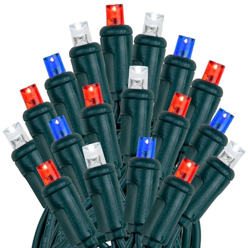 Novelty Lights 50 LED 25ft Red White Blue Lights, USA Patriotic 4th of July String Lights, Wide Angle Mini Lights on Green Wire, Commercial Grade, Connectable Indoor Outdoor Christmas Lights