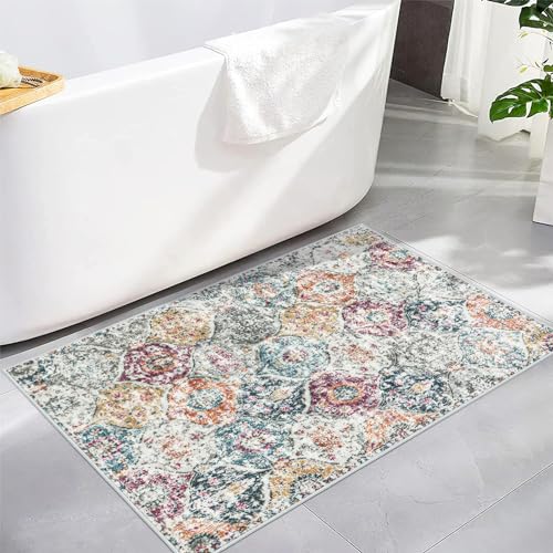 Lahome Moroccan Trellis Entryway Rug, 2x3 Kitchen Rugs Non Slip Washable, Non-Slip Indoor Door Mat Ultra-Thin, Small Throw Carpet for Bathroom Bedroom Entry Elise, Aqua/Multi