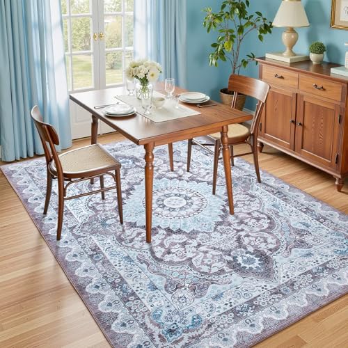 Washable Vintage Area Rug for Living Room, 5x7 Rugs Blue & Brown