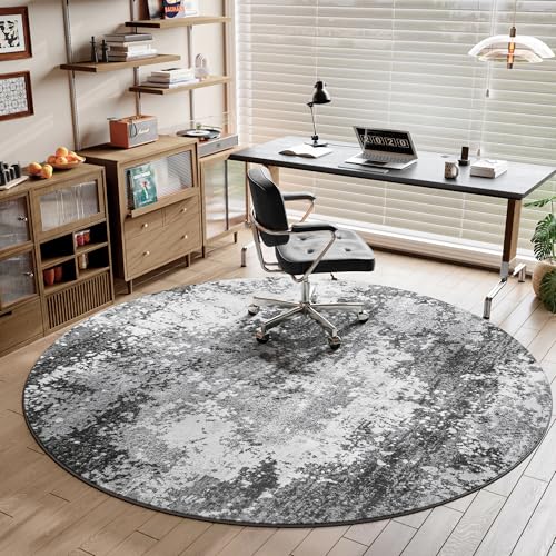 Round Area Rugs 4ft Washable Grey Circle Rug for Entryway Kitchen, Non Slip Soft Low Pile Stain Resistant, Boho Circular Carpet for Living Room Bedroom Dorm Dining Room Table, Abstract Gray