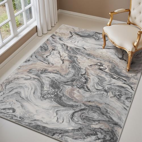 PADOOR Abstract 3'x5' Area Rug, Washable Non-Slip Low Pile, Marble Grey