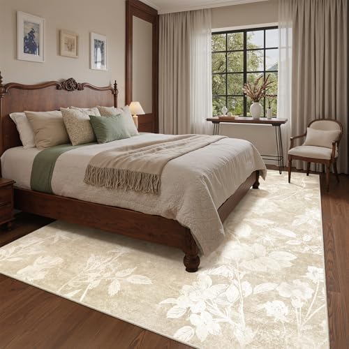 Soalmost Floral Washable Rugs 8x10 for Living Room, Neutral Soft Rug Beige