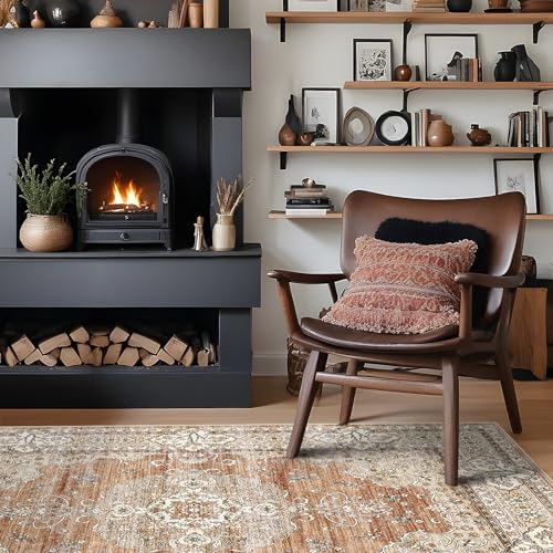 9x12 Washable Area Rug for Living Room - Non-Slip Rugs Terracotta Beige