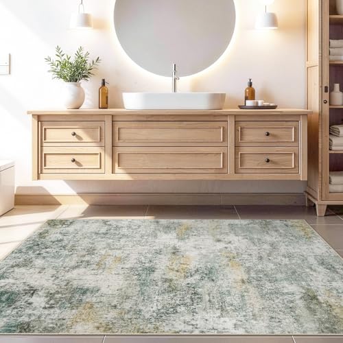 4x5 Washable Abstract Entryway Rug: Non Slip Area Rug for Living Room Green