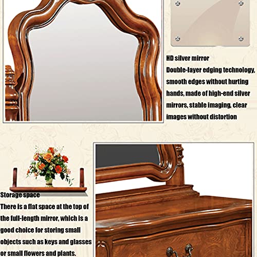 Solid Wood Dressing Mirror Home Floor Mirror Classical Dressing Mirror European Style Retro Bedroom Storage with Pumping Full-Length Mirror