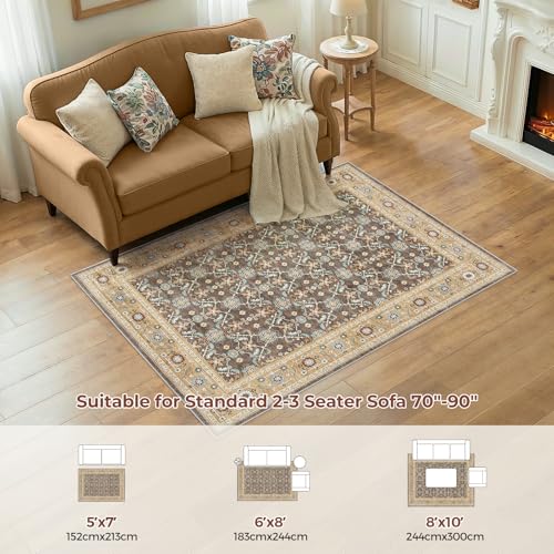 Washable Area Rug 5x7 Non-Slip Floral Boho Carpet, Floral Brown