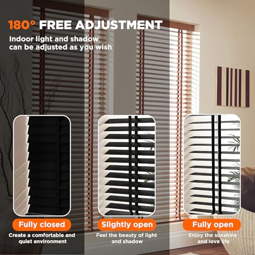 2" Slats Wood Blinds for Indoor Windows: Solid Wooden Blackout Blinds & Shades,Black Out Privacy Horizontal Blinds for Home Bedroom Bathroom Living Room Windows 22.5" WX48 H Black