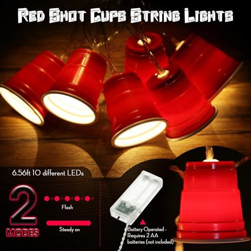 Hiboom 6.56FT Red Cup String Lights, Mini Flip Cup LED Fairy Lights Battery Operated, Graduation Party Decorations for College Dorm Beer Frat Birthday Trailer Park Party Supplies(Red,1 Pack)