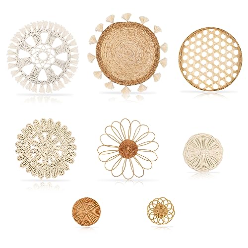 Boho Wall Basket Decor Set of 8 - Flat Woven Basket Wall Hanging Decor,Round Tassels White Macrame Tapestry Wall Decor Art,Handmade Rattan Wicker Seagrass Home Wall Baskets Decor（Boho Classic)