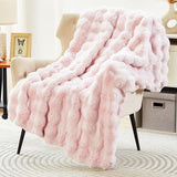 DREAMNINE Soft Faux Bubble Rabbit Fur Throw Blanket for Couch, Thick Cozy Decorative Warm Fuzzy Fur Blanket for Sofa Chair Bedroom Living Room Dorm Women Gift, 50 * 60 Inches, Pink