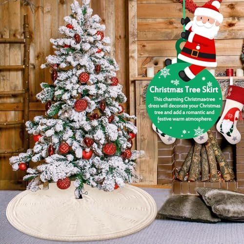 EIMMBD Christmas Tree Skirt, 48 inches Cable Knit Knitted Thick Rustic Christmas Tree Decoration for Xmas Indoor Home Holiday (Cream)