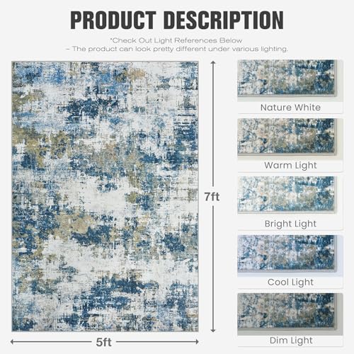5x7 Area Rugs for Living Room: Washable Soft Blue Abstract Bedroom Carpet