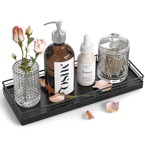 Bathroom Tray for Counter, Oak Wood 11" L Small Vanity Tray for Dresser Tops Perfume Jewelry Makeup Candle Soap Sponge Holder for Kitchen Countertop Organizer Coffee Table Decor Bar Black
