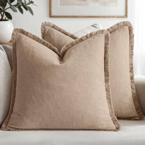 MIULEE Boho Linen Fringe Decorative Euro Throw Pillow Covers Camel 26x26