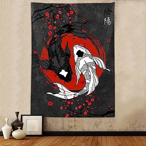 Sanzugh Japanese Yin Yang Koi Fish Tapestry, Cool Red and Black Anime Sakura Art Tapestries Vertical Wall Hanging for Men Bedroom Living Room Office Decor 40X60, Asian Cherry Blossoms Posters