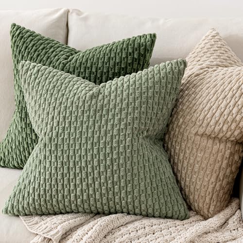 MIULEE Pack of 2 Decorative Throw Pillow Covers 18x18 Inch Soft Boho Striped Textured Corduroy Pillow Covers Spring Modern Farmhouse Home Decor for Couch Bed Sofa Living Room Sage Green