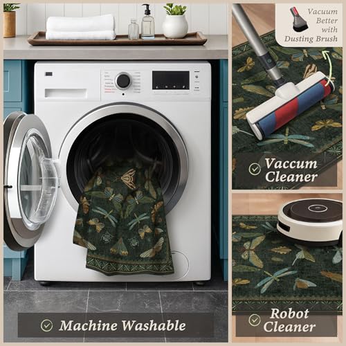 JTJ Washable Kitchen Rugs Set of 3, Dark Green Vintage Insect Kitchen Mats