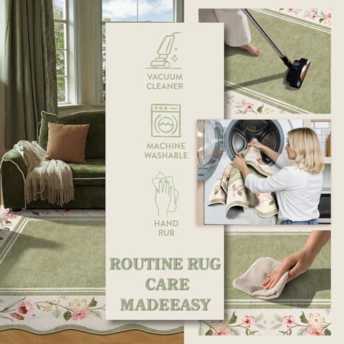 Lahome Floral 2x3 Rug, Green Kitchen Rugs Ultra-Thin Washable Indoor Mats for Entryway Non-Slip, Boho Scalloped Stain Resistant Small Throw Rugs for Bathroom Bedroom Ariele（Green）