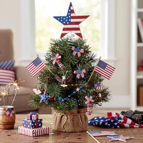 Gejoy 6 Inch 4th of July Tree Topper 250th Anniversary Glitter Star Tree Topper Patriotic American Flag Red White Blue Trees Decor for Indoor Outdoor Home Office Independence Day Memorial Day Decor