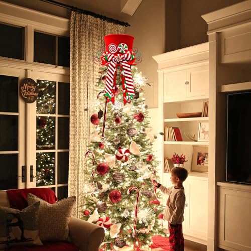 Christmas Candy Canes Tree Topper Red Hat with Peppermint Bows Ornament Winter Lollipop Holiday Home Decoration Xmas Festive Gift Ideas Supplies