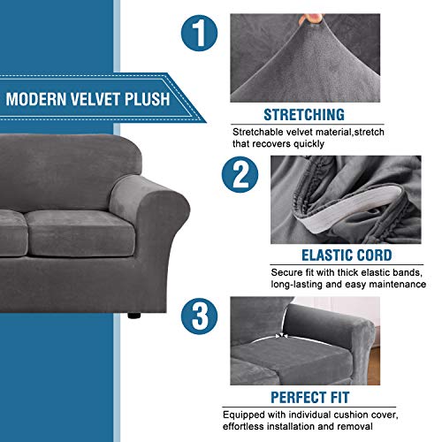 H.VERSAILTEX Rich Velvet Stretch 2 Piece Cover Chair Slipcover Sofa Cover Furniture Protector Couch Soft with Elastic Bottom Chair Couch Cover with Arms Width Up to 49 Inch(Chair,Grey)