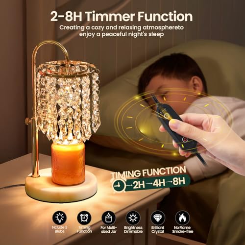 Candle Warmer Lamp with Timer Dimmer，2H/4H/8H Timer , Lamp Candle Warmer with Marble Base for Adjustable Height, Crystal Wax Melt Warmer for Jar Candles, House Warming Decor Gifts Mothers Day Gifts