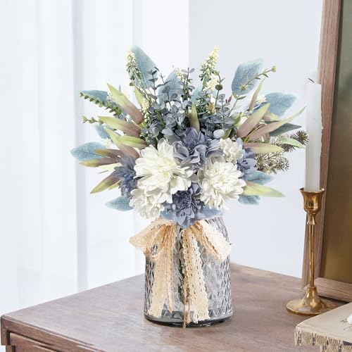 Artificial Flowers Bouquet, Silk Flowers Blue Fake Flowers Arrangement Faux Flowers for Home Decor, Vase Arrangement, Wedding Bouquets, Table Centerpieces Decor (Blue White No Vase)