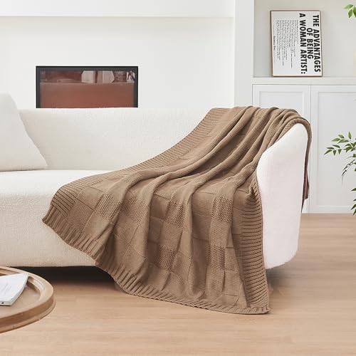 CozeCube Check Knit Throw Blanket, Light Brown Checkered Throw for Couch, Decorative Christmas Soft Cozy Warm Knitted Blanket for Bed Sofa Living Room, 50"X60"