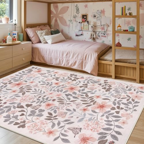 Lahome Apricot Girls Bedroom Nursery Rug, 5x7 Fall Floral Boho Area Rug