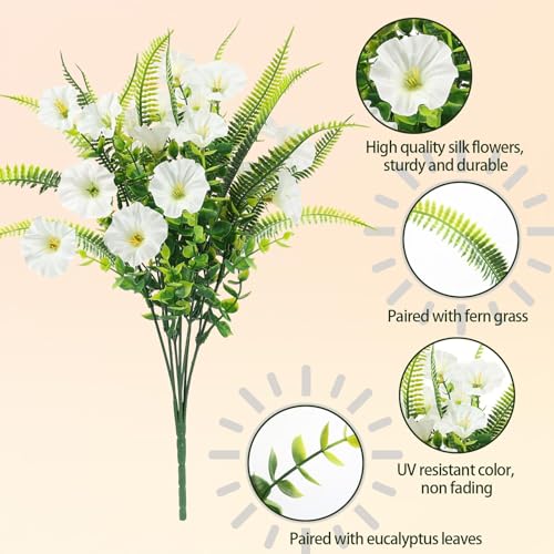 Artificial Flowers for Outdoors 12 Bundles White Artificial Petunias Fake Flowers UV Resistant Shrubs Plants with Fern for Indoor Outside Hanging Planters Home Garden Spring Summer Decorations