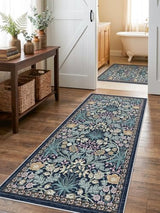 3x6 Washable Non-Slip Entryway Rug: Floral Indoor Runner Rugs Floor Carpet for Hallways Kitchen Bedroom Laundry Bathroom Beside Bed - Stain & Fade Resistant, Boho Botanical Design 3x6 Blue