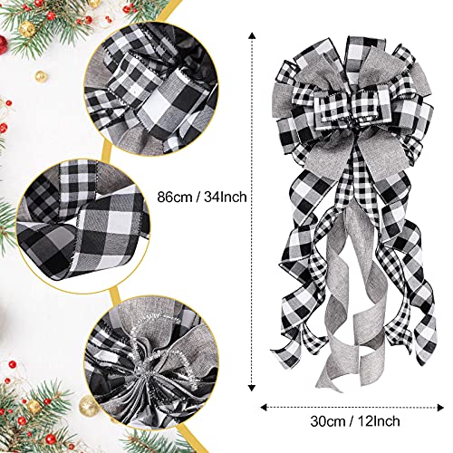 Christmas Bow Tree Topper Large Christmas Tree Topper Buffalo Decorative Bow with 24 Buffalo Wish Tree Ornament for Christmas Tree Decoration(Black and White)