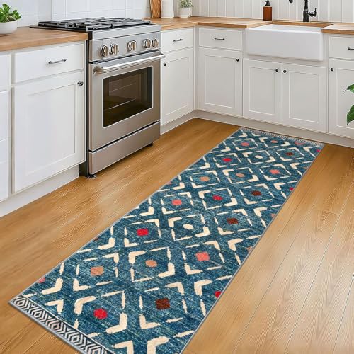 Washable Runner Rug 2x6 ft Hallway Runners, Teal/Blue