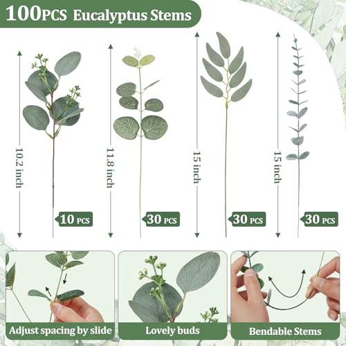 Serwalin Artificial Greenery Stems, Faux Eucalyptus Stems Bulk with Fake Leaves, Mixed Greenery for Centerpieces and Vase, Artificial Eucalyptus Plants for DIY Flower Wedding Home Decor