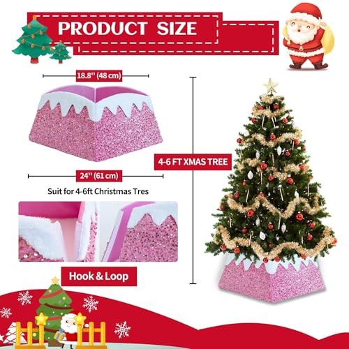 Christmas Tree Collar 24 inch Sequin Tree Skirt, Xmas Tree Square Stand Base Cover for Christmas Artificial Tree Holiday Home Decor, Snow Mountain, Pink