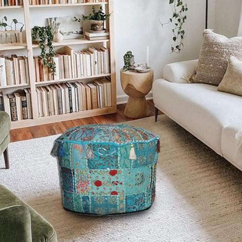 Indian Pouf Footstool Ethnic Embroidered Indian Cotton Round Pouffe Ottoman Pillow Ethnic Decor Art Cover Only (Turquoise, 14X22 Inch)