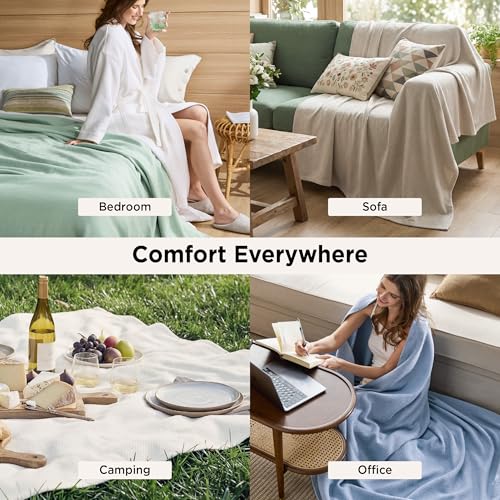 Bedsure GentleSoft 100% Cotton Large Throw Blanket for Couch 50x70 inches - Cooling Breathable and Lightweight, Soft Cozy Herringbone Woven Cotton Throw for Summer, Linen Beige Office Chair Blanket
