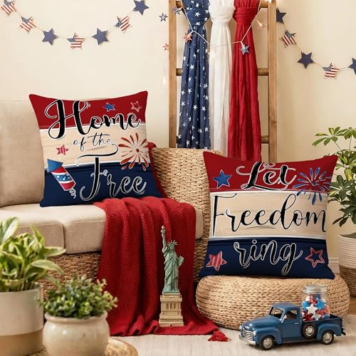 Hexagram 4th of July Pillow Covers 18x18 Patriotic Throw Pillow Covers July 4th Decorations American Flag Set of 4 Decor Star Independence Memorial Day Home Decor